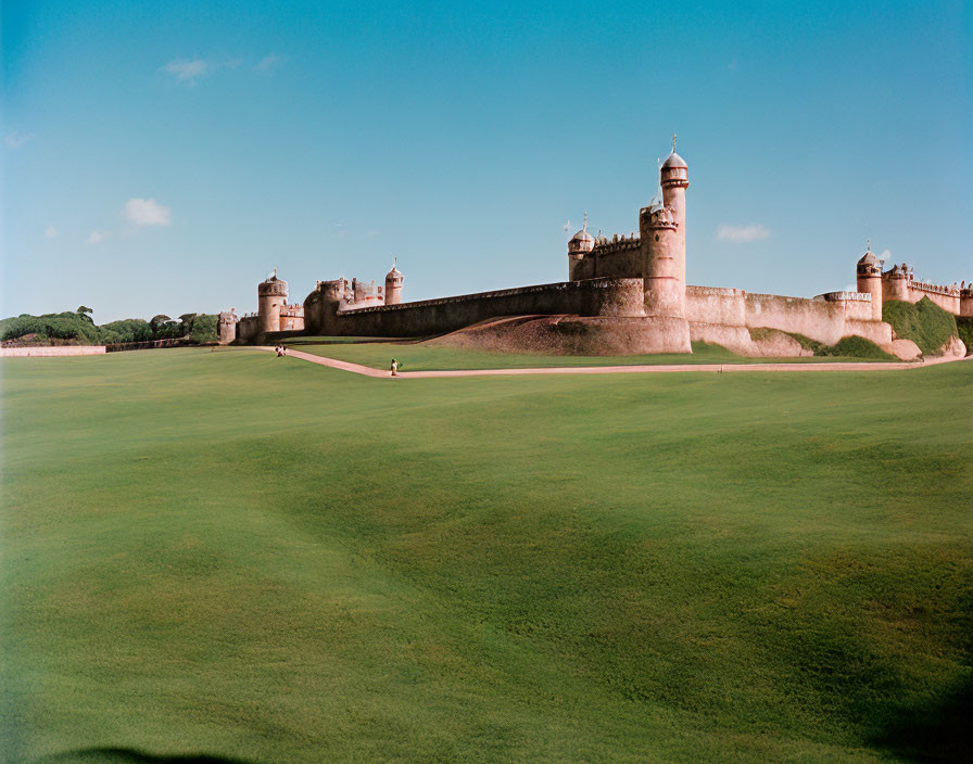 Grassy Field Leading to Ancient Fortress on Clear Sky Background