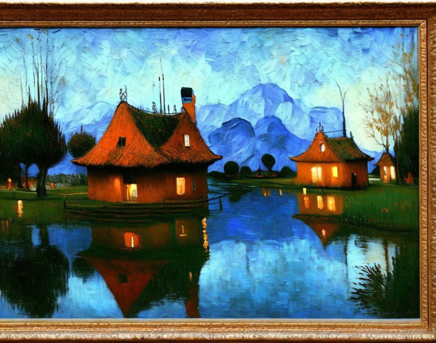 Thatched cottages by river at dusk with blue mountains - ornate gold frame