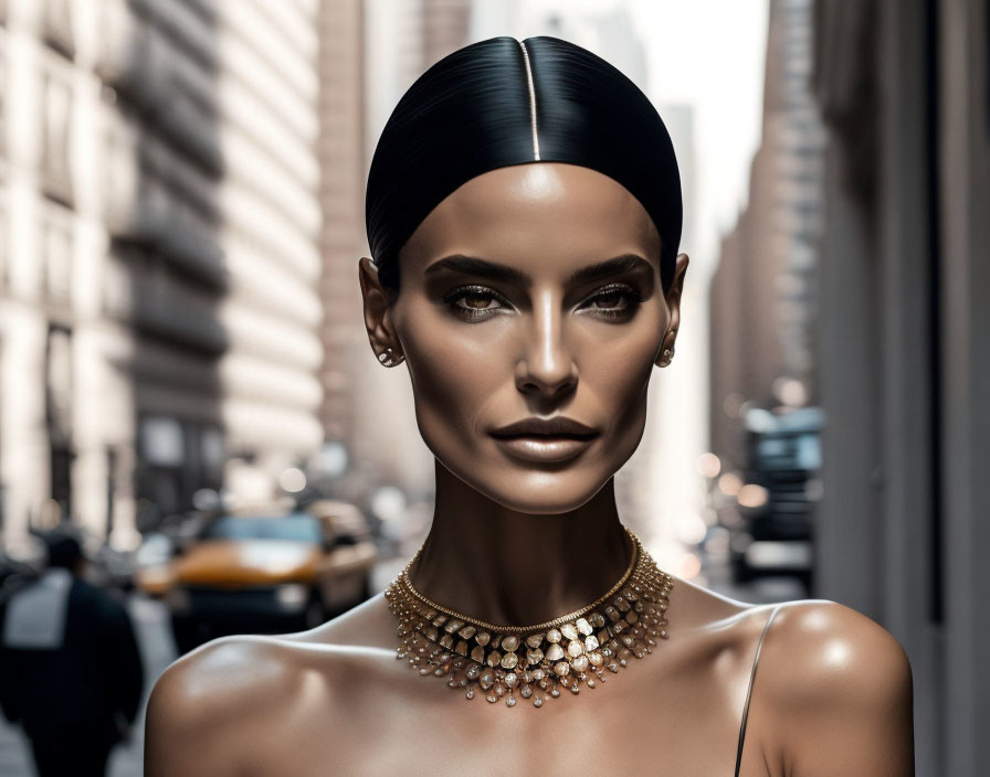 Female mannequin with black hair cap and golden necklace on urban street background