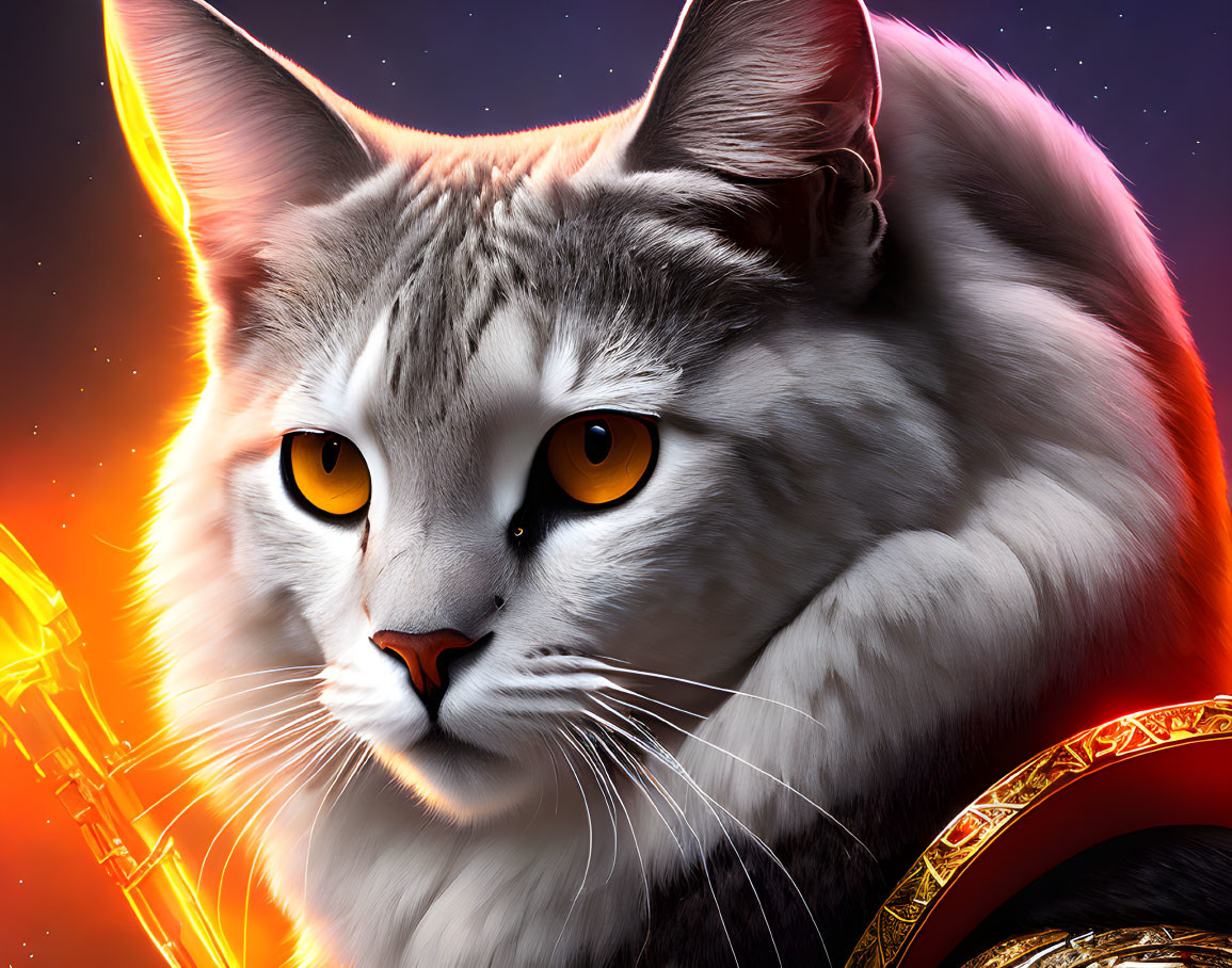 Detailed digital artwork: Majestic white and gray cat with amber eyes on cosmic background.