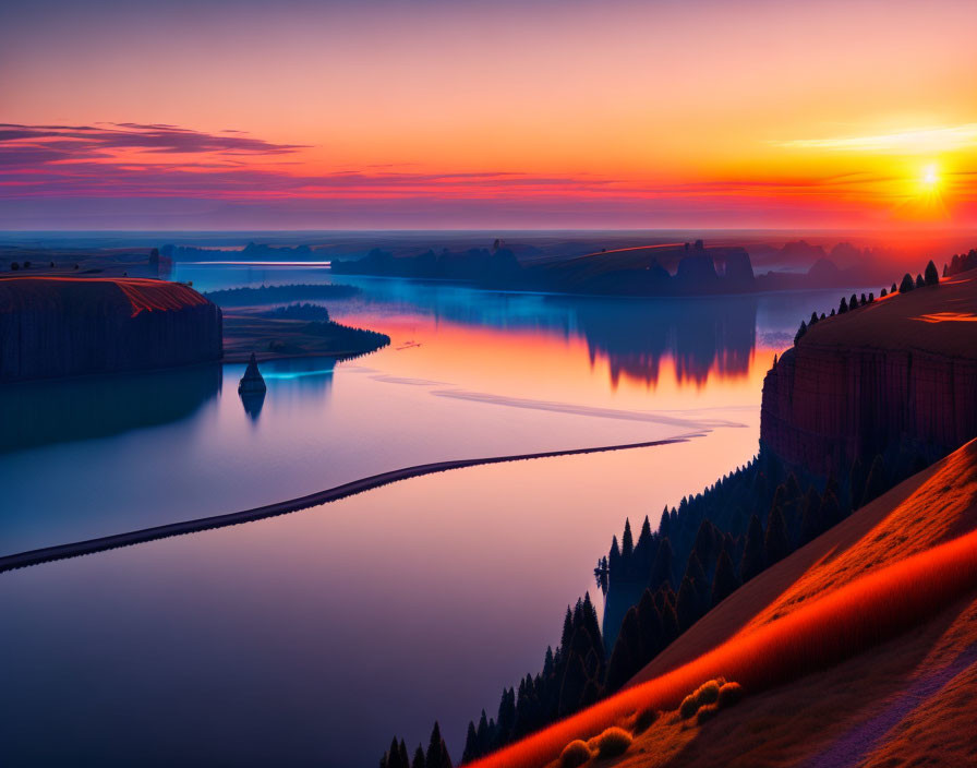 Tranquil lake sunset with sailboat, landforms, and tree-covered hills