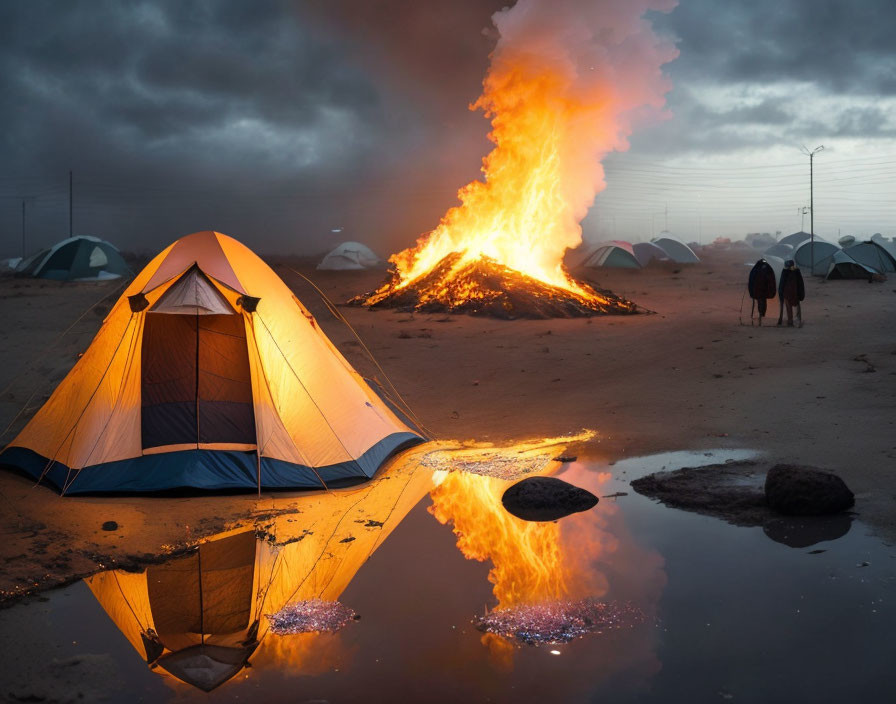 Campsite at dusk: tent, bonfire, people, overcast sky