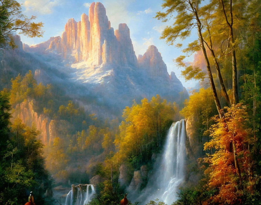 Majestic waterfall in autumn landscape with cliffs and misty skies