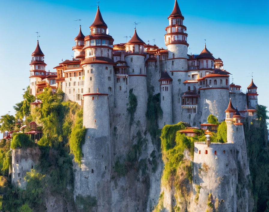 Castle with Multiple Spires and Towers on Cliff Amid Greenery