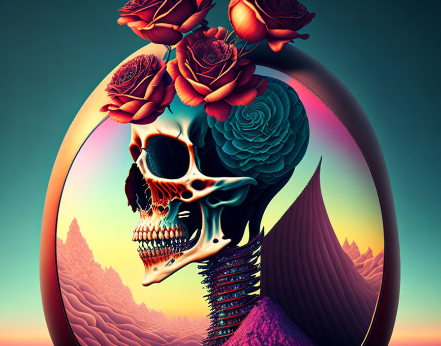 Skull and blooming flowers in surreal landscape art