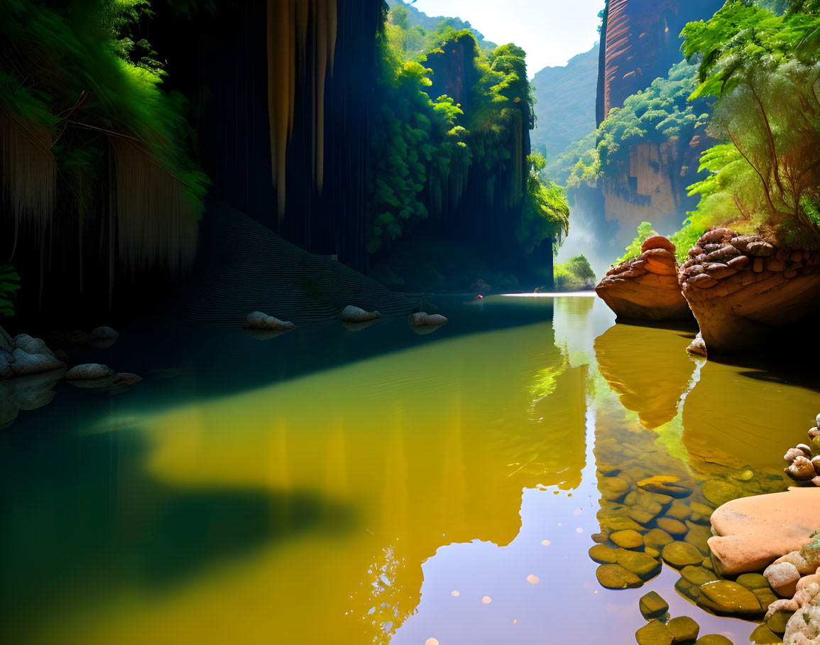 Tranquil river between cliffs and greenery with sunlight reflections