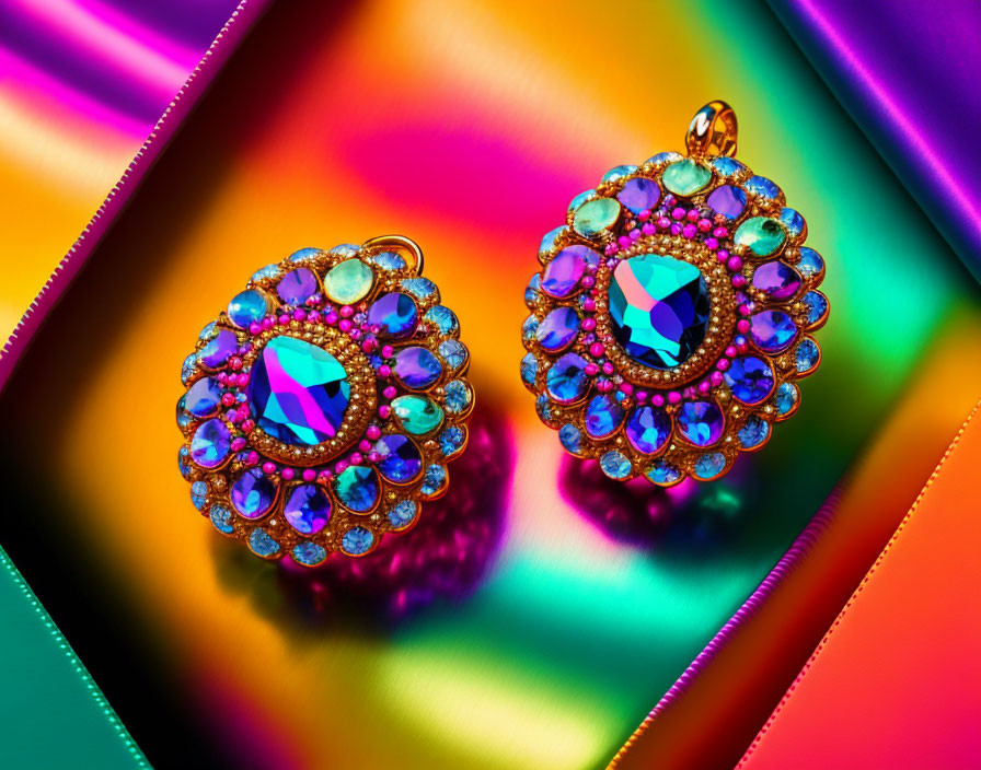 Colorful Earrings with Central Stone & Surrounding Crystals on Reflective Surface