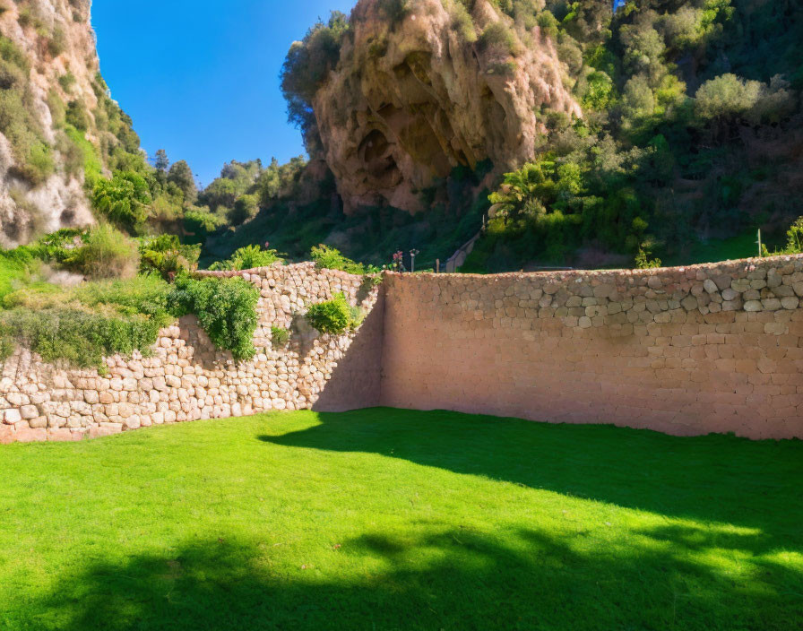 Scenic green lawn with stone wall, cliffs, and foliage under blue sky