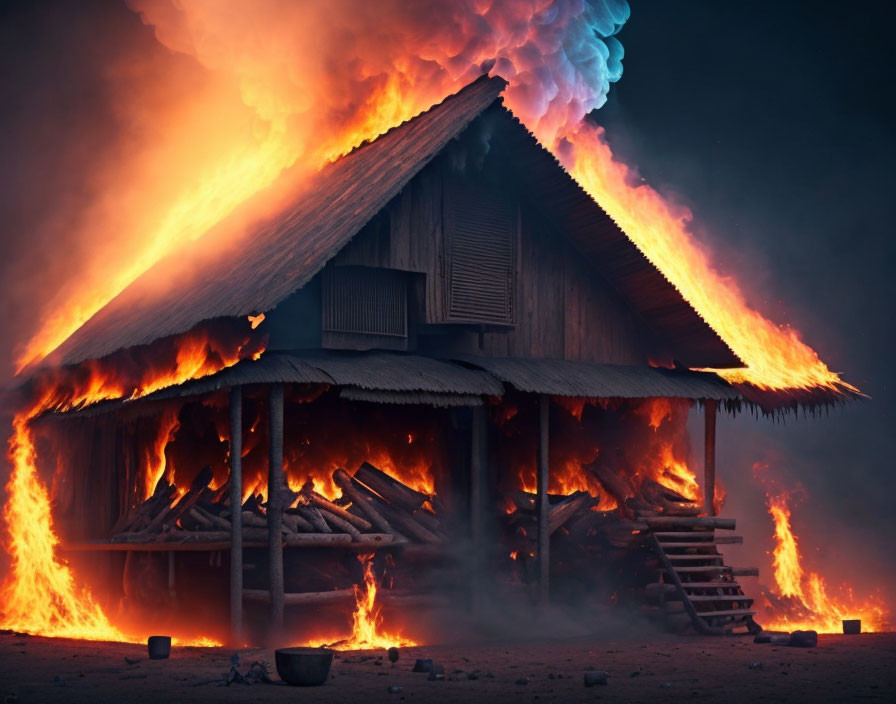 Wooden house engulfed in flames, roof and structure ablaze