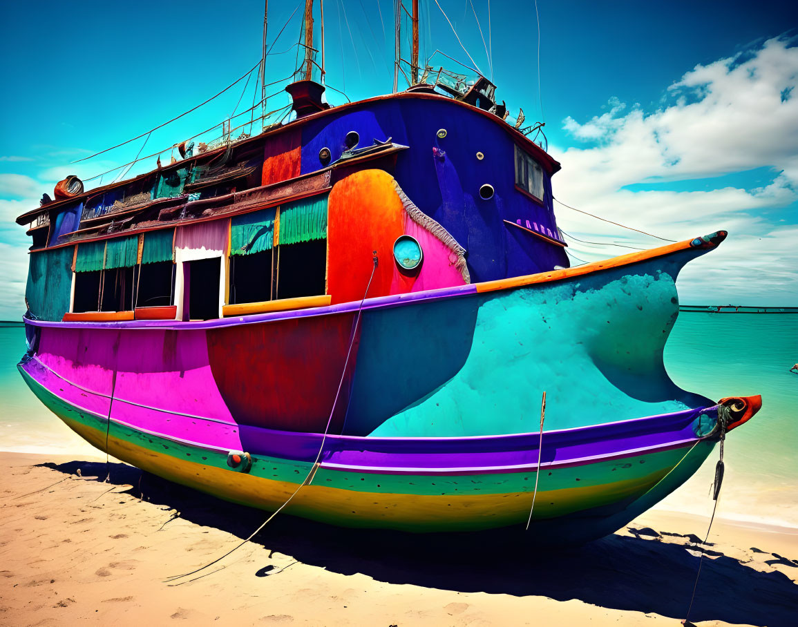 Vibrant blue, pink, and yellow boat on sandy beach under clear skies