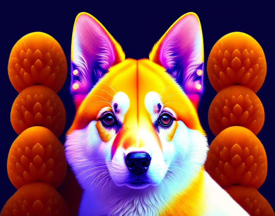 Colorful Corgi Digital Art with Neon Palette on Blue Background