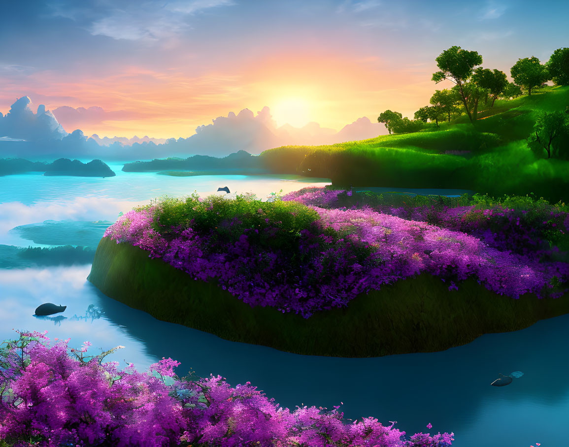 Digital Artwork: Lush Landscape with River and Purple Flowers