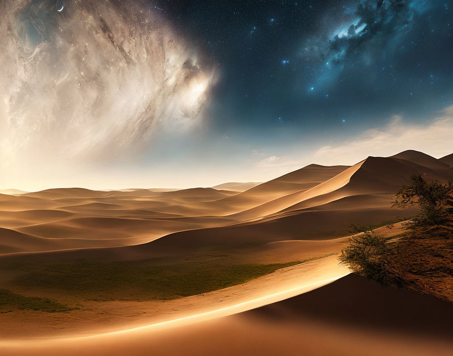 Surreal desert landscape with rolling dunes and starry sky