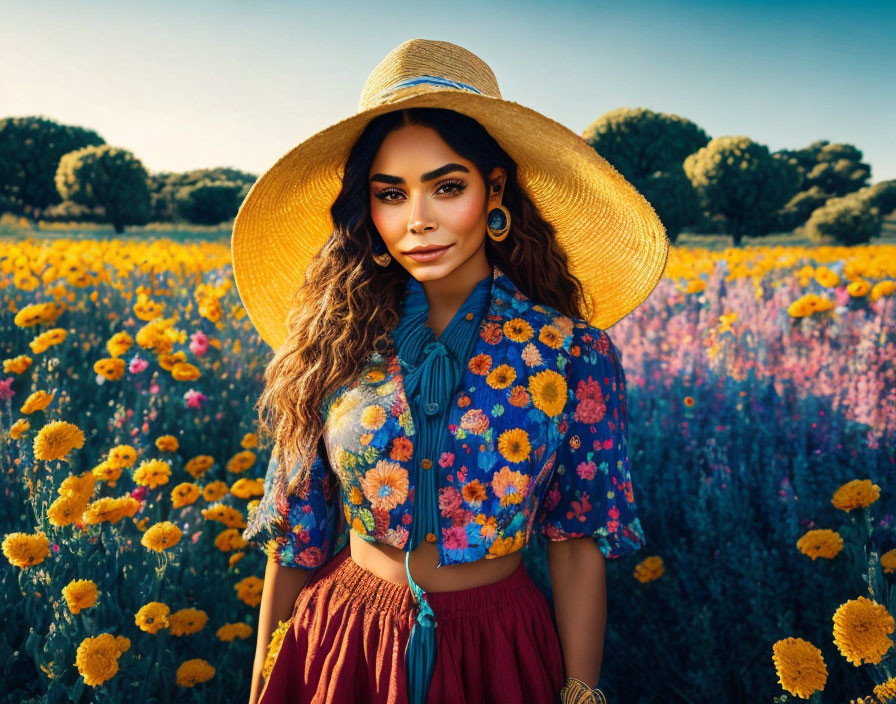 Woman in floral blouse and hat in sunflower field under blue sky