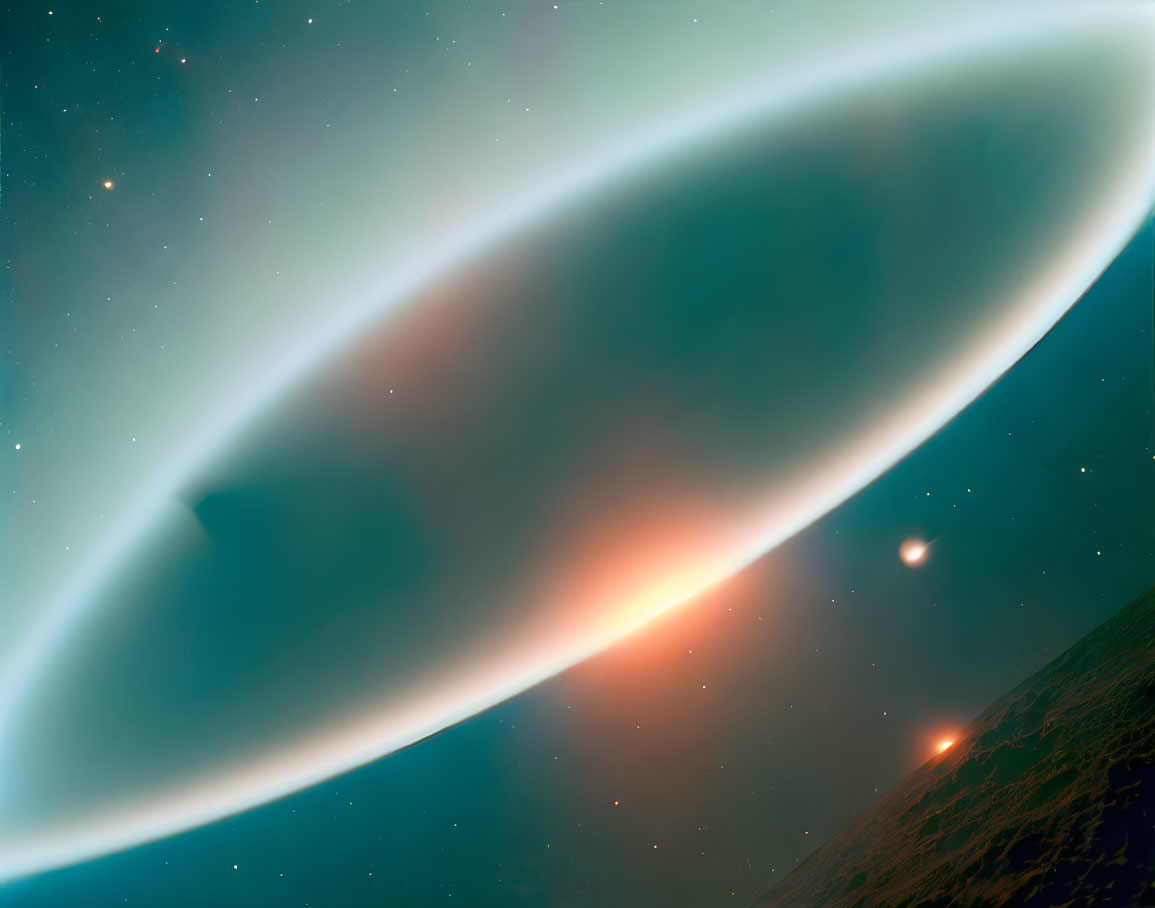 Digital artwork of ringed gas giant planet with glowing star and distant celestial body