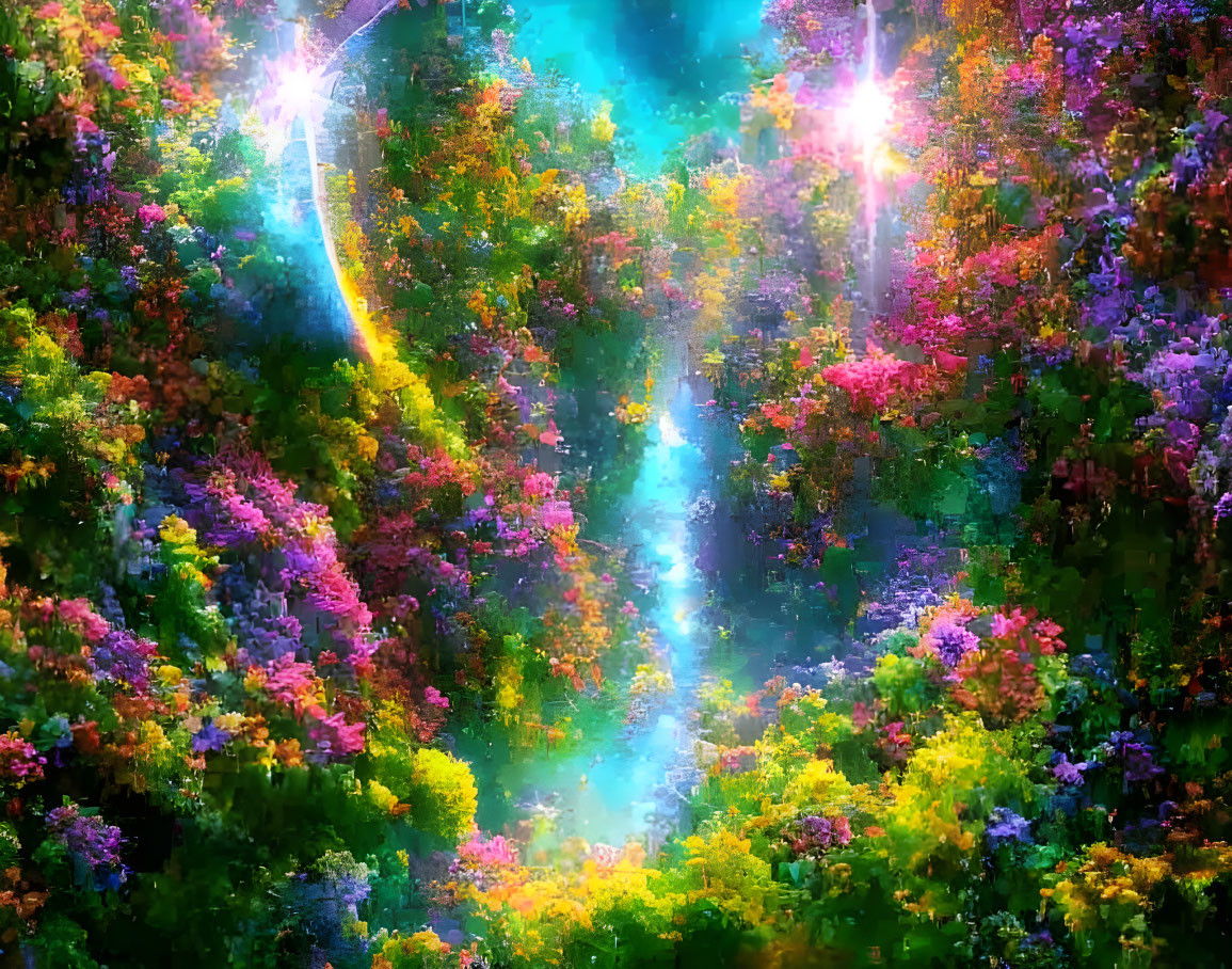 Colorful Mystical Forest with Enchanting Light Beams