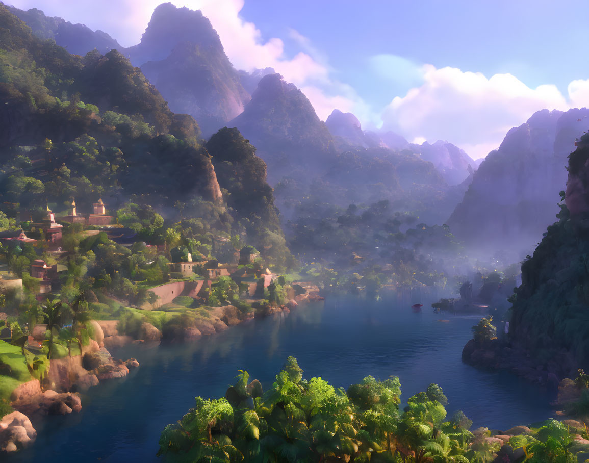 Tranquil fantasy landscape with river, village, and mountains