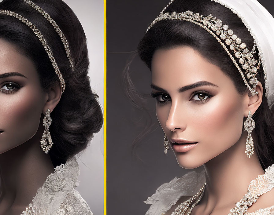 Split-image of woman in bridal jewelry & lace dress