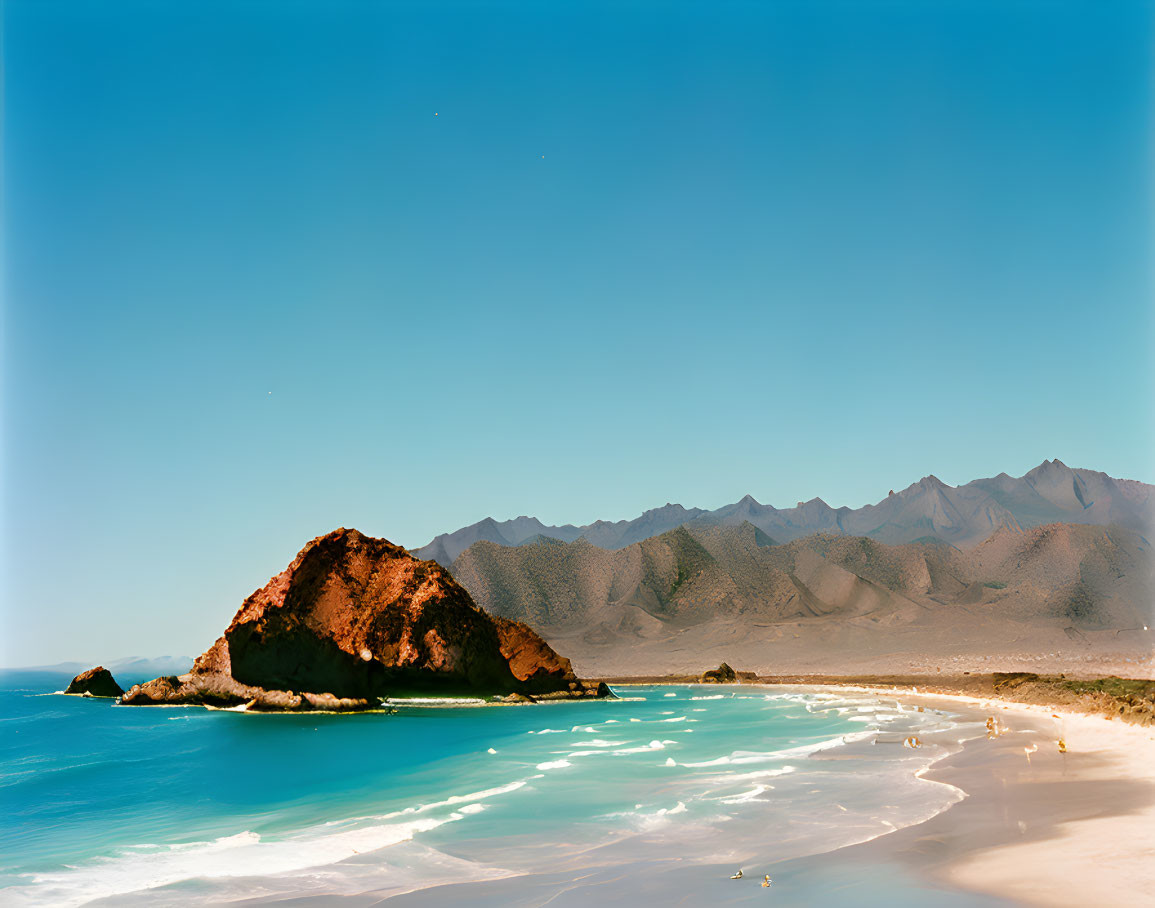 Turquoise Waters, Red Rock, Sandy Beach, Mountains, Blue Sky