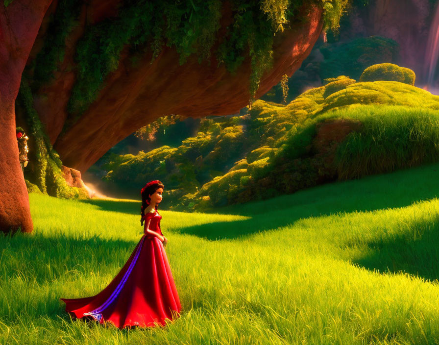 Red-dressed animated princess in lush green meadow with waterfall and sunlight.