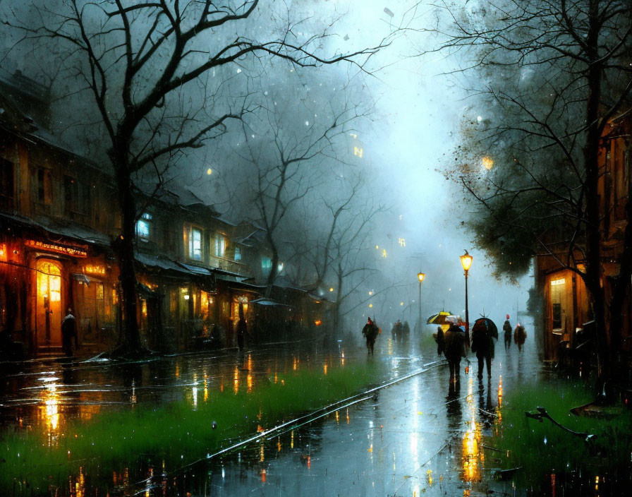 Rainy Evening Scene: People with Umbrellas on Wet Street with Illuminated Shops and Trees