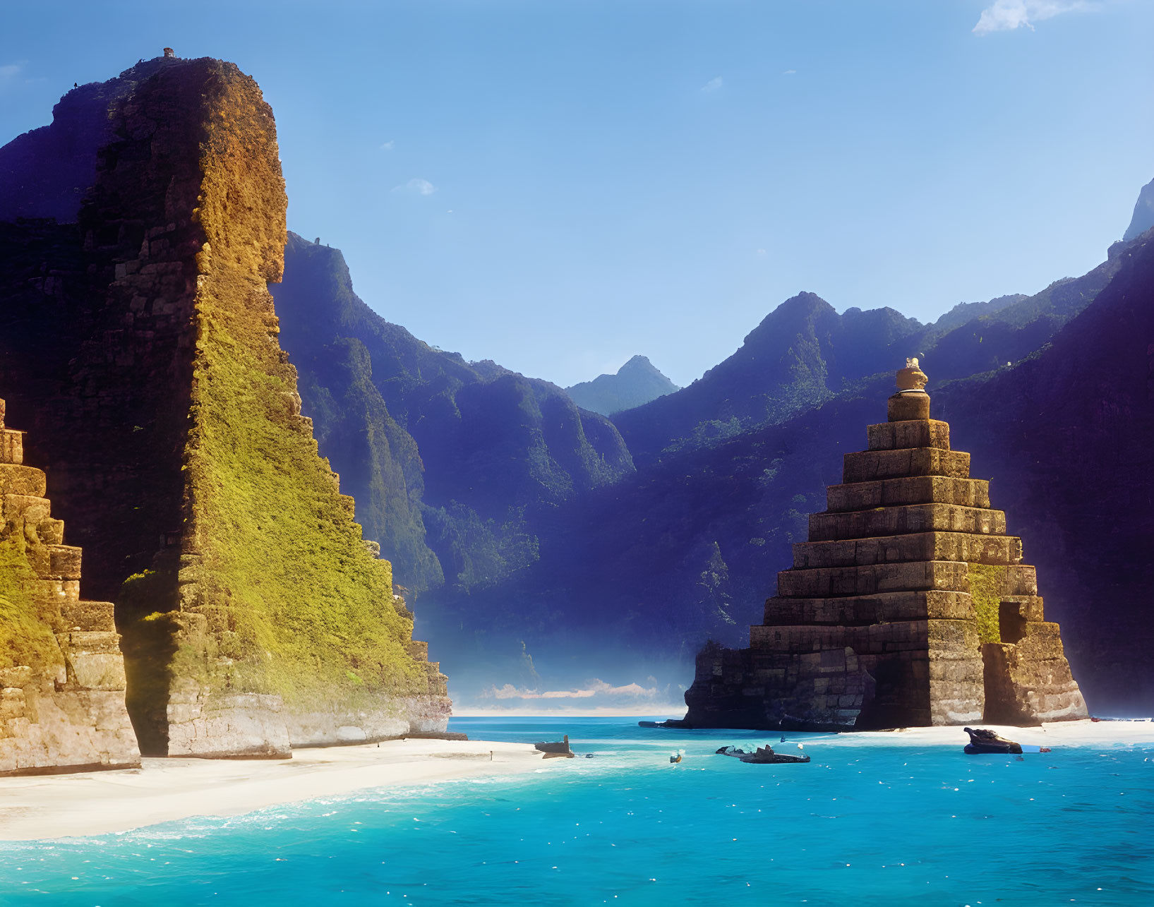 Serene Beach with Blue Waters and Towering Cliffs