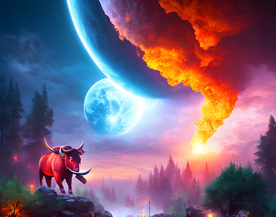 Colorful fantasy landscape with bull, fiery sky, forest, and celestial bodies