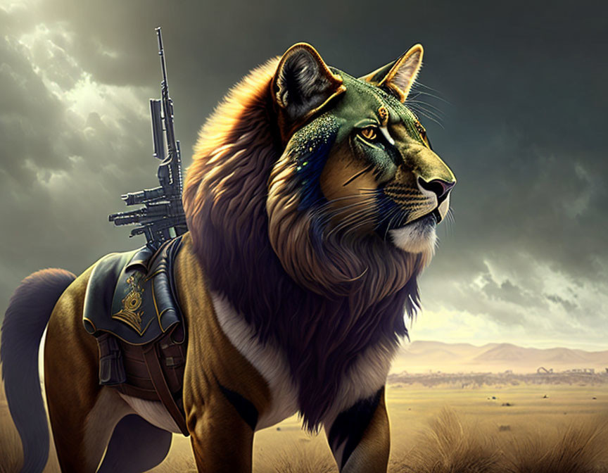 Anthropomorphic lion with rifle in steampunk harness on stormy savanna.