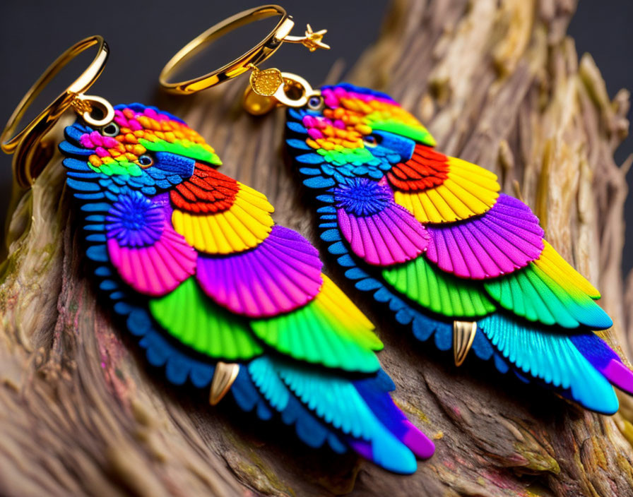 Vibrant Rainbow Feather Parrot Earrings on Wooden Background