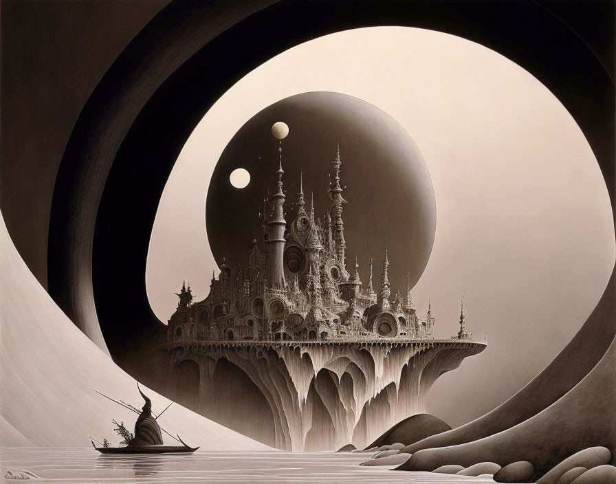 Surreal artwork of person in boat observing floating castle under two moons