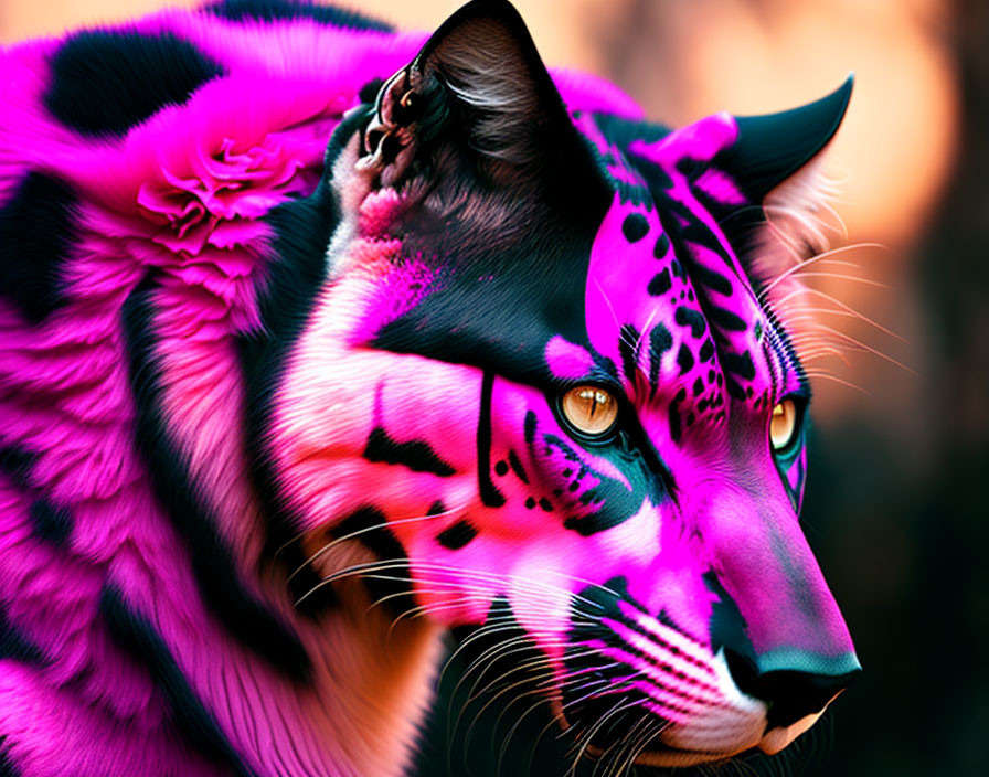 Digitally altered image of big cat with pink and black stripes and yellow eyes