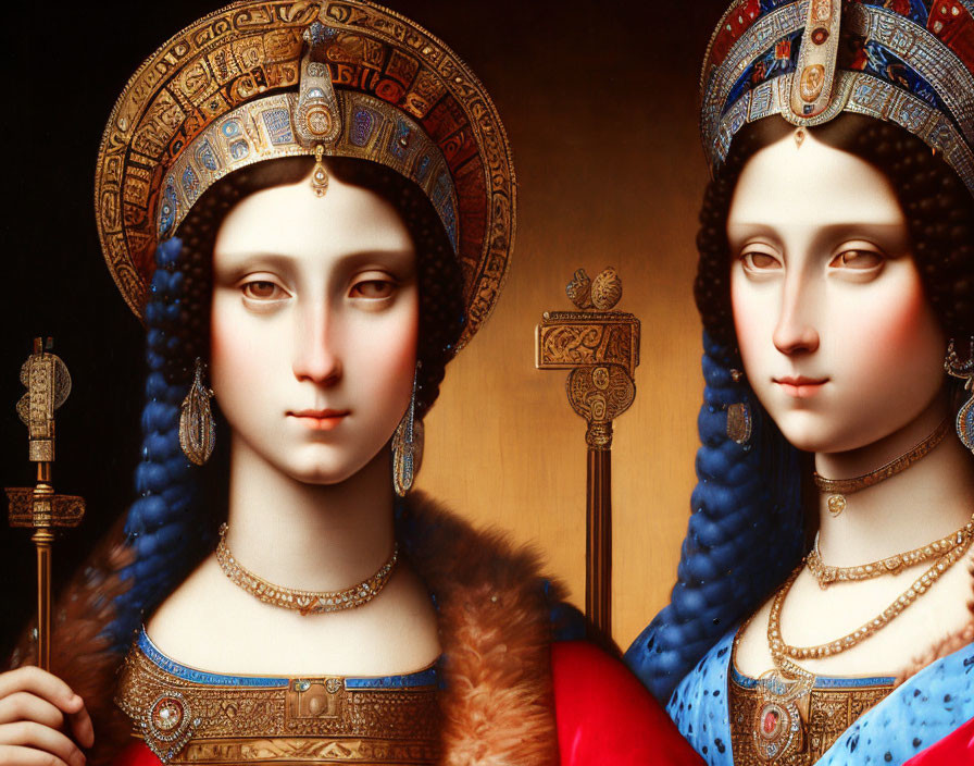 Portrait of Two Women in Historical Attire with Crowns and Jewels