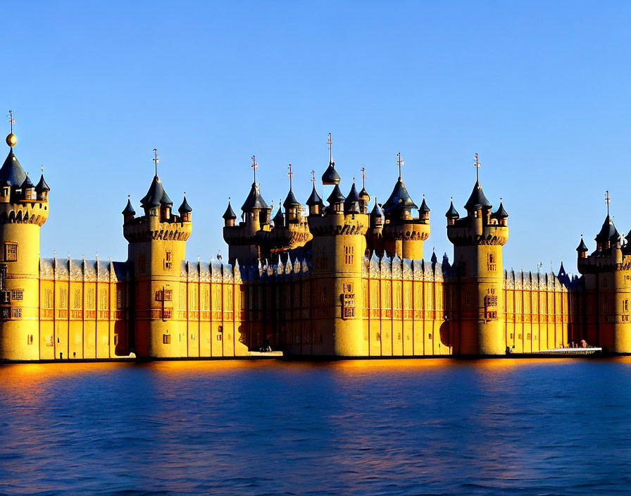 Ornate spires of castle reflecting in water at sunset