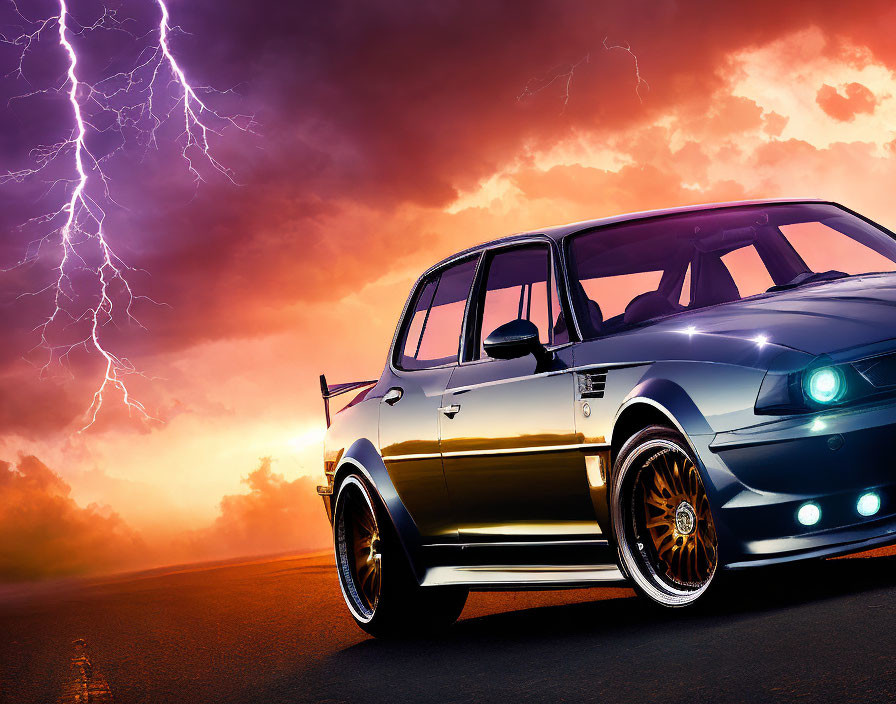 Silver sports car on asphalt road under dramatic orange sky with lightning.