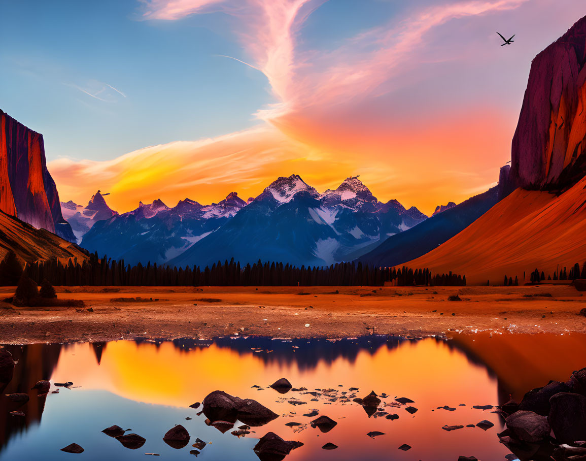 Scenic sunset over mountain range, reflected on lake with bird in flight