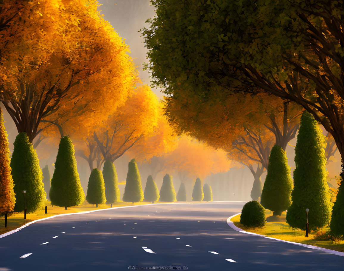 Tranquil autumn road with green and golden trees casting long shadows