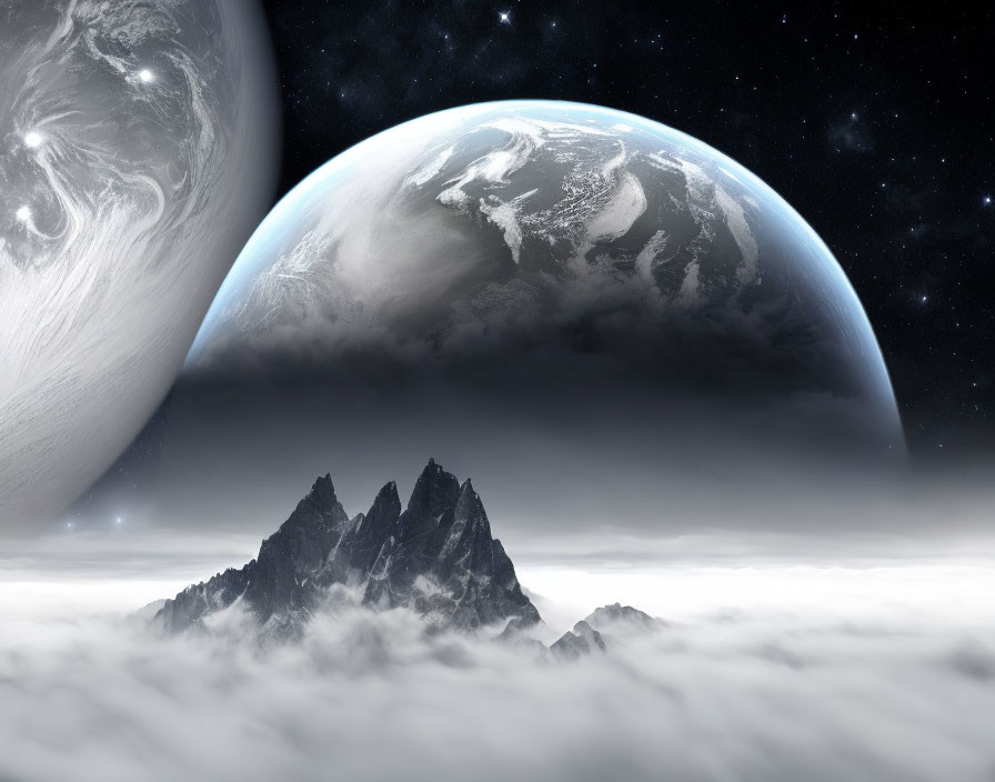 Scenic space view with celestial bodies, mountain peak, and starry sky