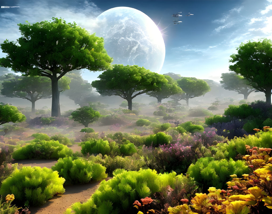 Colorful Fantasy Landscape with Moon, Fog, Trees & Spaceship