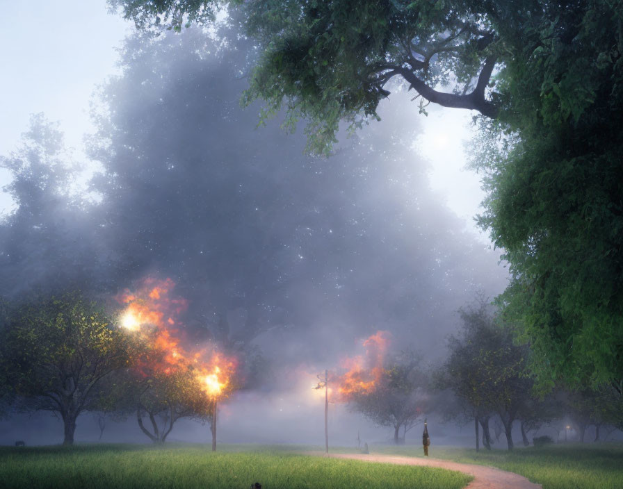 Misty twilight park scene with trees, path, streetlights, and lone figure