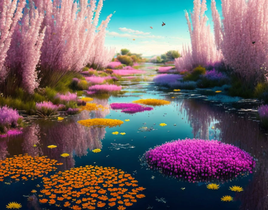 Serene river with pink trees and colorful flowers in digital art