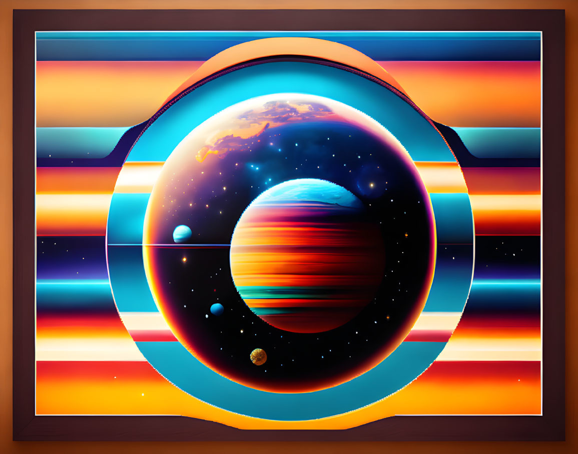 Colorful digital artwork: stylized planetary scene with bold stripes in concentric circles & rectangular frame