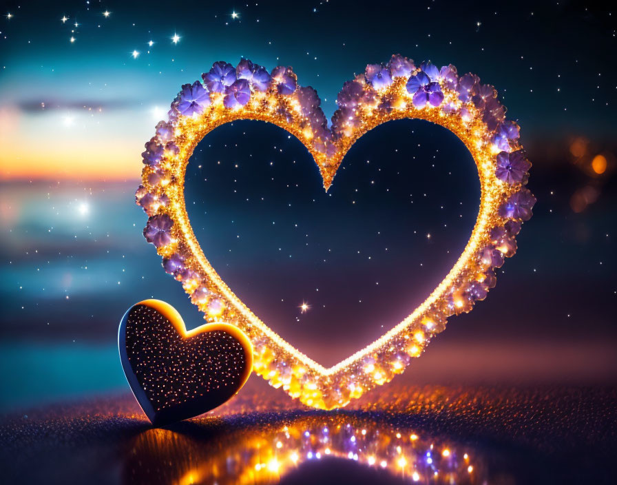 Heart-shaped decoration with sparkling lights in twilight setting.