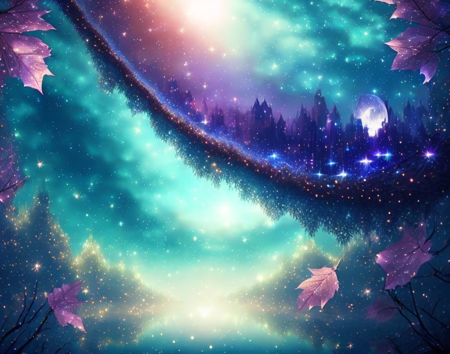 Enchanting Night Sky Forest with Celestial Bodies