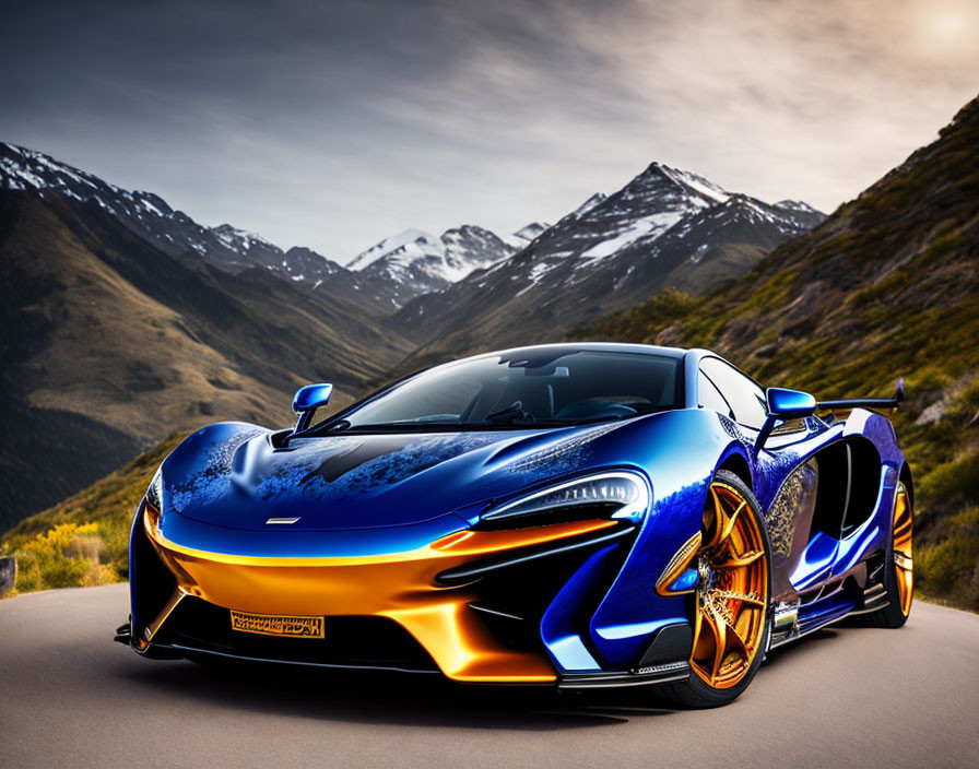 Blue Sports Car with Orange Accents on Mountain Road