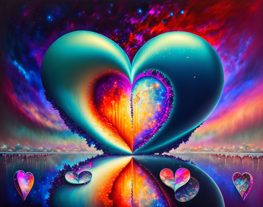 Colorful Cosmic Heart Artwork with Galactic Patterns and Nebula Sky