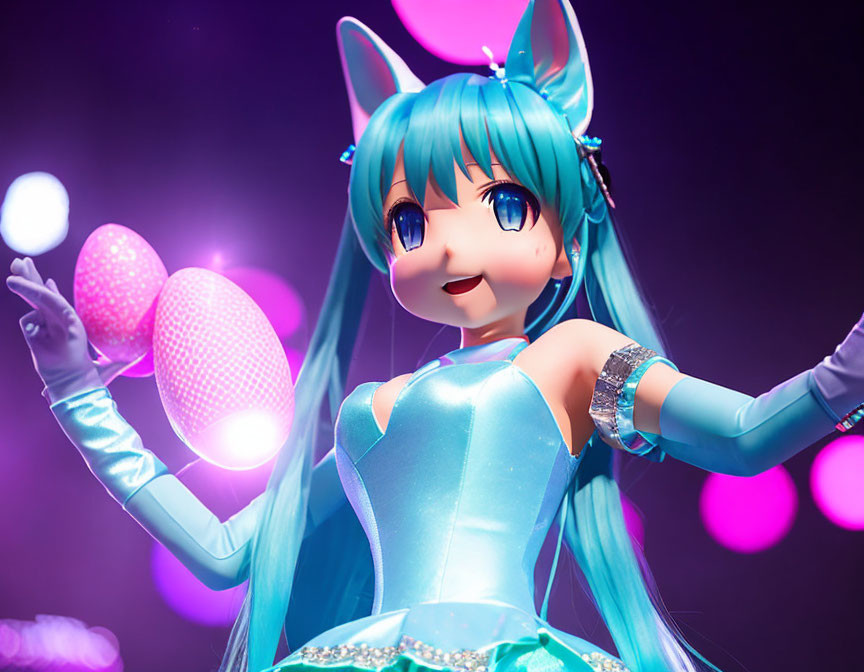 Turquoise-haired animated character in blue dress on stage