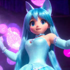 Turquoise-haired animated character in blue dress on stage