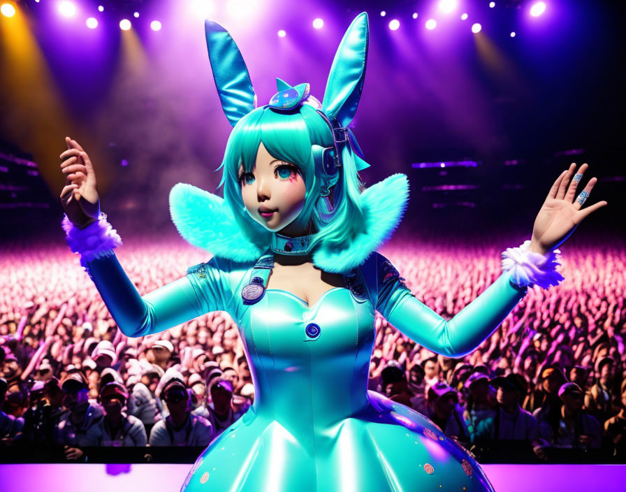 Turquoise-haired digital avatar with rabbit ears in shiny blue costume on stage.