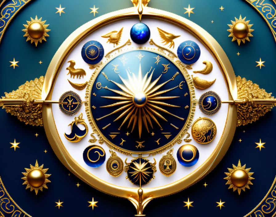 Celestial clock with zodiac symbols on blue background