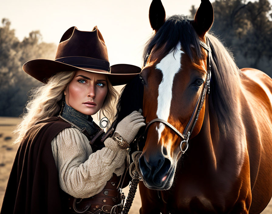 Cowboy hat woman with brown horse in focused gaze